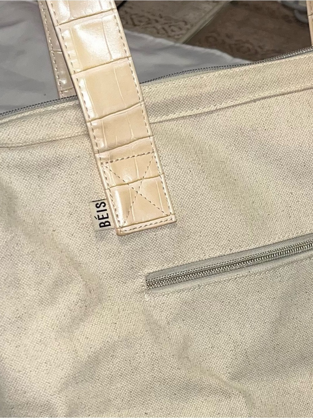 BEIS weekender bag - Neutral Canvas Tote with Croc-Accent Trim - Picture 2 of 6
